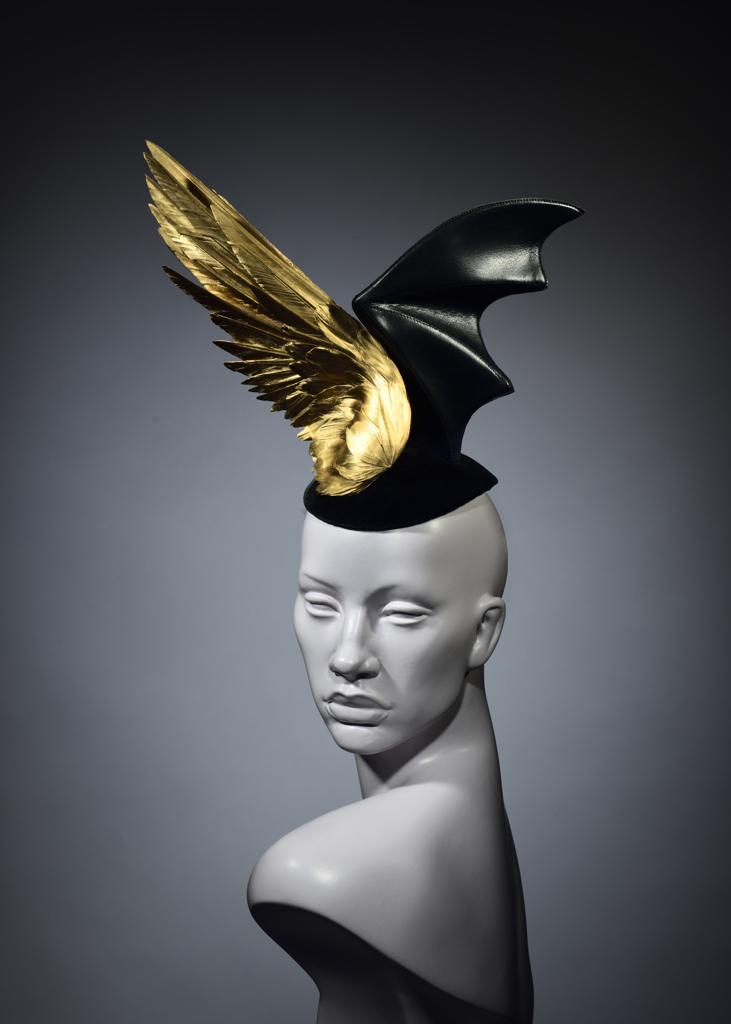 Angel or Devil - A leather and gold feather headdress, A/W 20