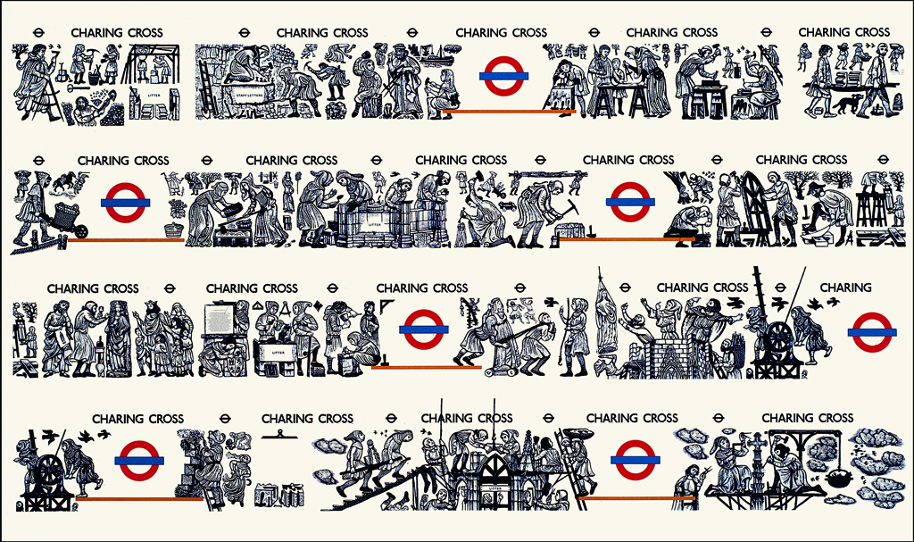 Wood engraved mural in Charing Cross underground station, 1979
