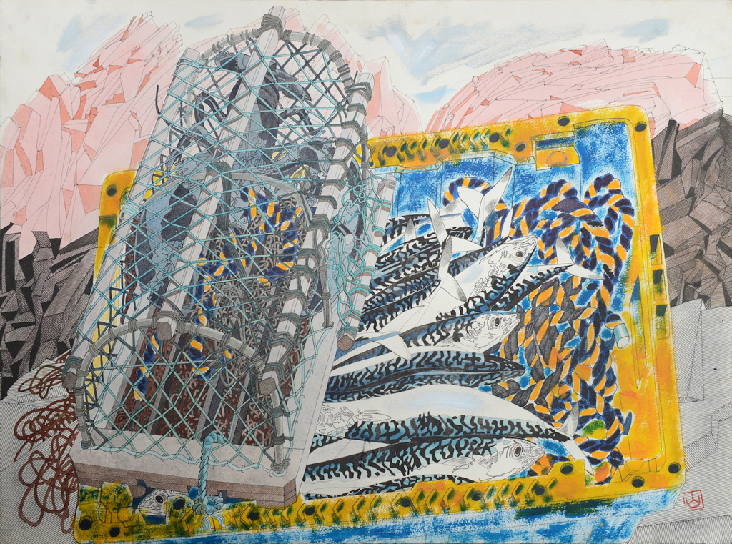Lobster Creel and Mackerel in yellow fish box, Pen and ink with watercolour wash,